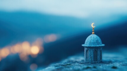Miniature mosque with crescent moon under twilight sky at a tranquil location