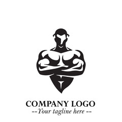 Man With Muscle Logo Symbol in Black on White Background for Strong Bold Fitness Branding Design Art