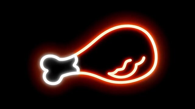 Neon chicken drumstick icon glowing on a black background, featuring a bright outline with warm red and white tones, perfect for fried chicken promos, restaurant menus, fast-food ads, and snack