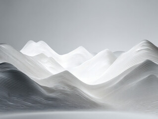 Obraz premium Abstract white layered landscape of smooth flowing hills resembling waves with a minimalist and futuristic design in gradient gray shades and soft lighting