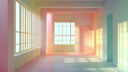 Obraz premium A pastel-colored room where window grid shadows fall gently in soft gradient tones forming airy geometric layouts