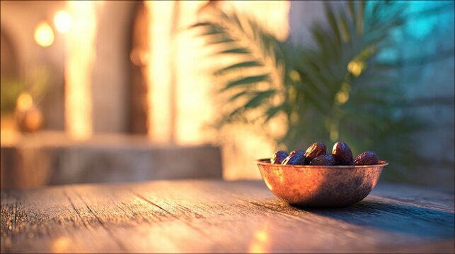 Warm sunset light illuminating a bowl of olives on a rustic wooden table