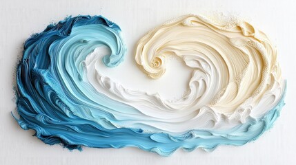 An abstract painting of a wave in shades of blue, white, and beige against a white background. The textured brushstrokes create a sense of movement and depth.