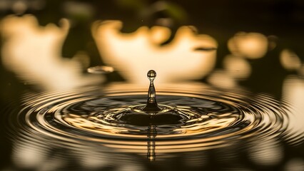 A single drop of water creates ripples on the surface of a body of water with blurred background.