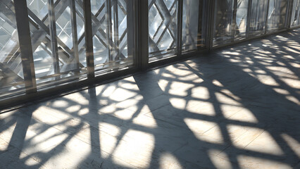 A reflective interior surface showing doubled grid shadows creating layered geometric complexity