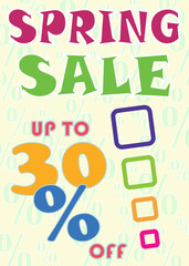 Poster, spring sale up to 30% off, colors and marketing.