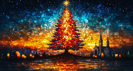 Illuminated Christmas Tree with Candles, Gifts, and Snowy Village in the Background