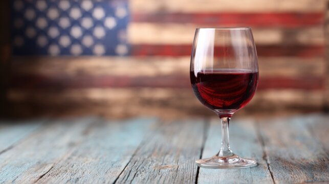 Glass of red wine on a rustic table with an American flag backdrop