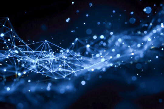 Abstract futuristic network visualization with glowing connected nodes and lines creating a dynamic technological digital data flow in dark space background