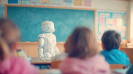 Classroom with robot teacher engaging young students in learning activities