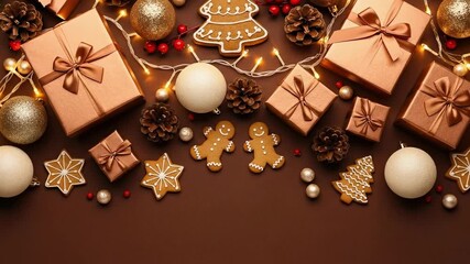 A Cozy Holiday Scene Featuring Christmas Gifts, Gingerbread Men, Pinecones, and Ornaments on a Rich Brown Background
