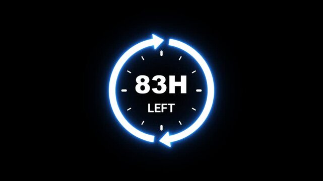 Countdown clock indicating 83 hours remaining with glowing blue circular arrows and clock face on black