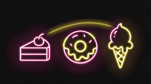 Neon dessert trio icon glowing on a black background, featuring a slice of cake, a donut, and an ice cream cone linked by a curved light trail, perfect for bakery promos, sweet menus, and snack