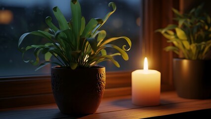 A lit candle and two potted plants sit on a windowsill in a dimly lit room.