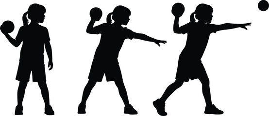 Child throwing ball silhouette sequence, motion study, black vector, biomechanics illustration, sports training, physical education, ponytail girl, force and movement