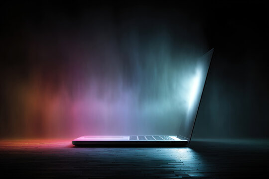 A bright neon glow emanates from a laptop screen against a dark background. Copy space