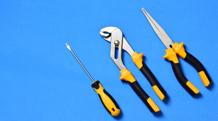Zenith view, set of tools and blue background. Copy space.	