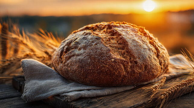 Rustic loaf of artisan bread resting on a linen cloth with wheat stalks against a warm glowing sunset over a wooden surface outdoors in soft natural light