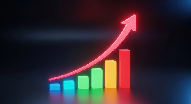 Vivid luminous bar chart featuring ascending arrow symbolizing company expansion and success