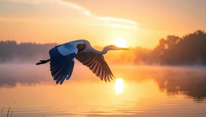 A Great Blue Heron flies over a lake at sunrise. The sun is low on the horizon, casting a warm glow over the water and surrounding landscape.