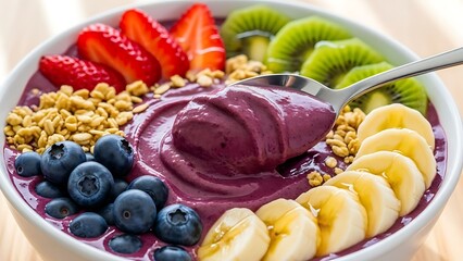 Delicious and vibrant acai bowl artfully topped with fresh strawberries, kiwi, ripe blueberries, sliced bananas, and crunchy granola, ideal for a healthy meal.