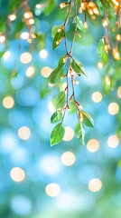 Close-up of green leaves with fairy lights and a bokeh background, creating a dreamy and natural scene.