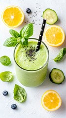 Overhead shot of a healthy green smoothie in a glass, surrounded by fresh fruit, basil leaves, and chia seeds on a white textured surface. The image conveys a s