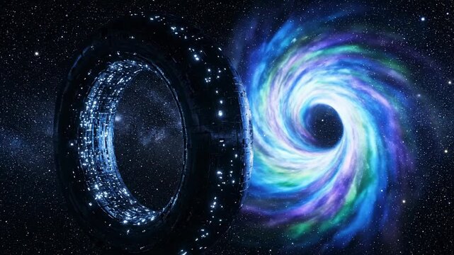 A ring-shaped space structure, beside a colorful cosmic vortex, stars