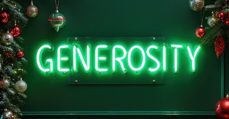 Bright neon sign displays Generosity. Festive evergreen branches frame wall, adorned with colorful ornaments. Holiday spirit radiates from image.