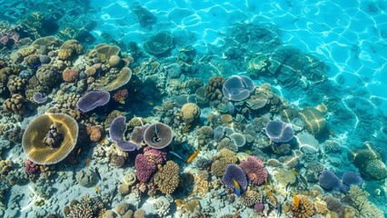 Vibrant Coral Reef Ecosystem with Tropical Fish Swimming in Crystal Clear Turquoise Water