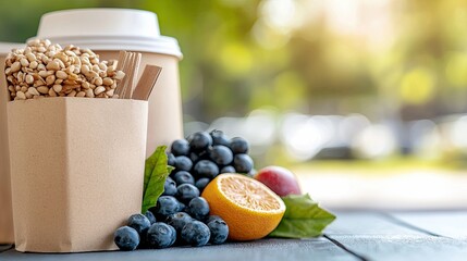 Close-up of healthy snacks, coffee cup, and fresh fruit on a wooden table outdoors. Sunny day with blurred background.