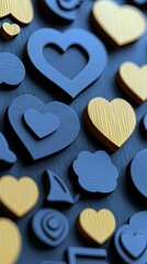 Close-up of various heart shapes in blue and gold colors, arranged on a textured blue surface. The image has a warm, inviting feel.