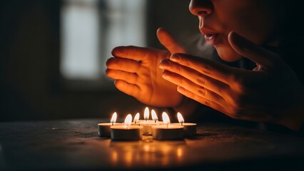 Person praying with hands together in front of lit candles on a table indoors.