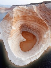 Aerial view of a heart-shaped rock formation with water, showcasing natural beauty and unique geological features. The layered rock and water create a striking