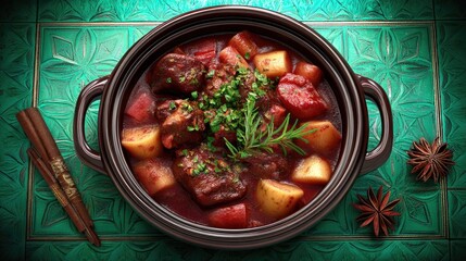 Overhead shot of a pot of stew with potatoes, meat, and herbs, surrounded by cinnamon sticks and star anise on a decorative green surface.