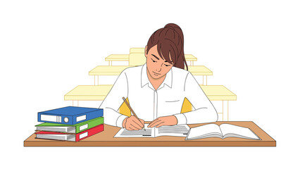 Focused student diligently studying with open book and reports in classroom setting, ideal for education and academic success concepts