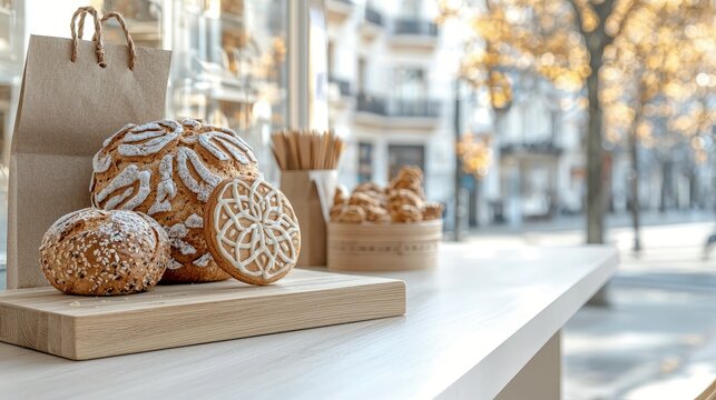 Close-up of various artisan breads and baked goods on a wooden cutting board, with a paper bag and a blurred street scene in the background. The scene is lit by