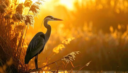 A Great Blue Heron stands amongst reeds, silhouetted against a brilliant golden sunset, creating a serene and picturesque scene.