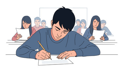 Focused students taking exam in classroom, demonstrating academic integrity and diligence, with a clean, modern educational setting