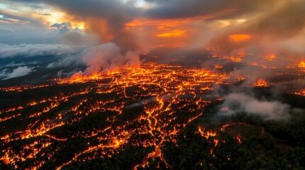 Flames engulf trees in a forest as the sun sets, creating a dramatic scene with darkening skies and rising smoke