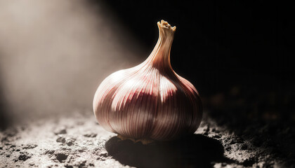 Fresh garlic bulb illuminated by soft light, showcasing its unique texture and colors, resting on a rustic surface, creating a warm and inviting culinary atmosphere