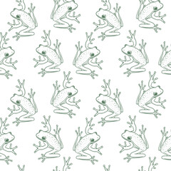 Seamless pattern with frog. Line art botanical wildlife background ideal for textiles, packaging, wallpaper, wrapping, stationery and surface decoration.