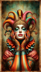 Obraz premium Woman joker portrait with hands on face, dramatic expression, gothic style