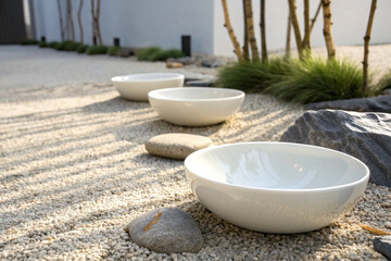 Smooth ceramic dishes on fine gravel stones