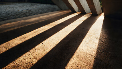 A steep roof pitch generating elongated triangular shadow shapes stretching across the ground in strong daylight
