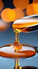 Close-up of golden honey being poured from a spoon, with a blurred bokeh background. The honey is glistening, and the image has a warm, inviting feel.