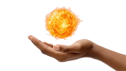 Hand Holding a Fiery Sun Ball on White Background