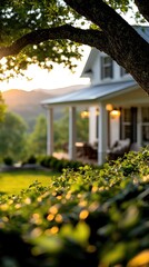 Exterior view of a house with a tree in the foreground and greenery, captured during a sunset. The image evokes a sense of tranquility and natural beauty.