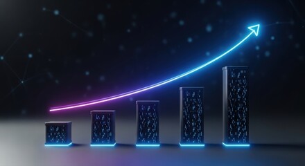 Illuminated analytics dashboard with ascending columns representing startup success trajectory