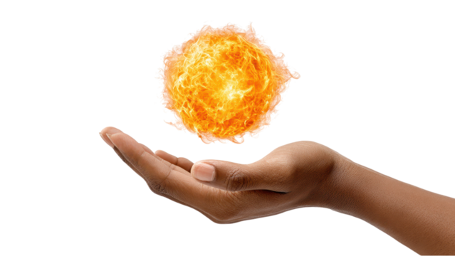 Hand Holding a Fiery Sun Ball on White Background